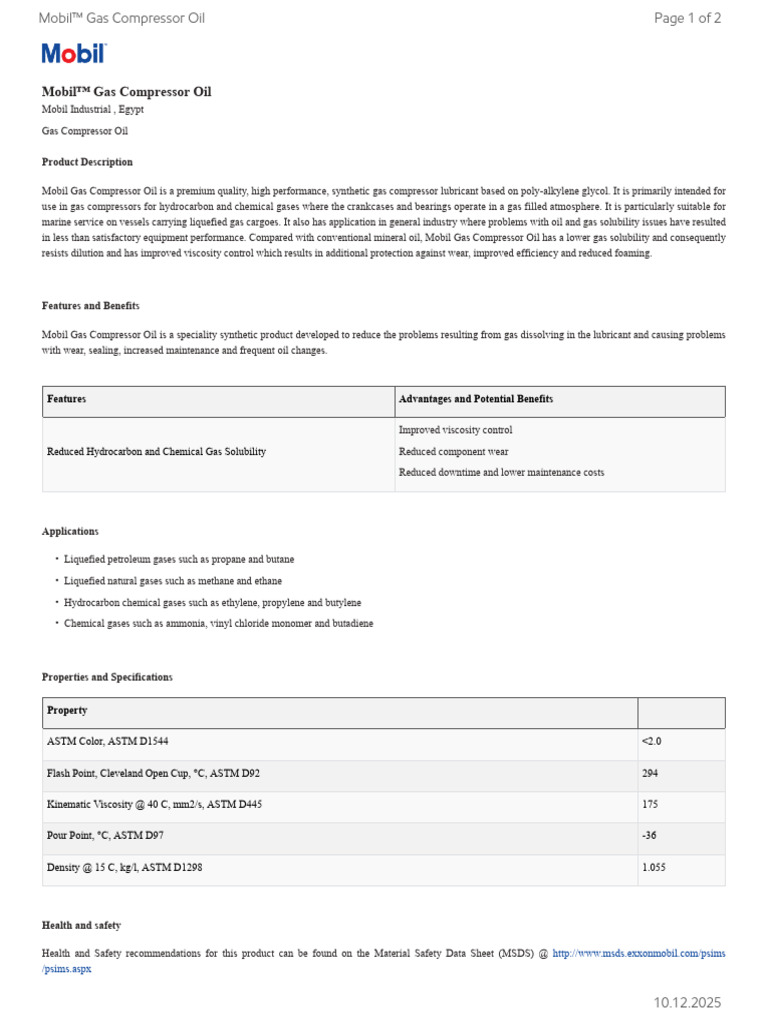 Mobil Gas Compressor Oil Overview | PDF | Natural Gas | Oil