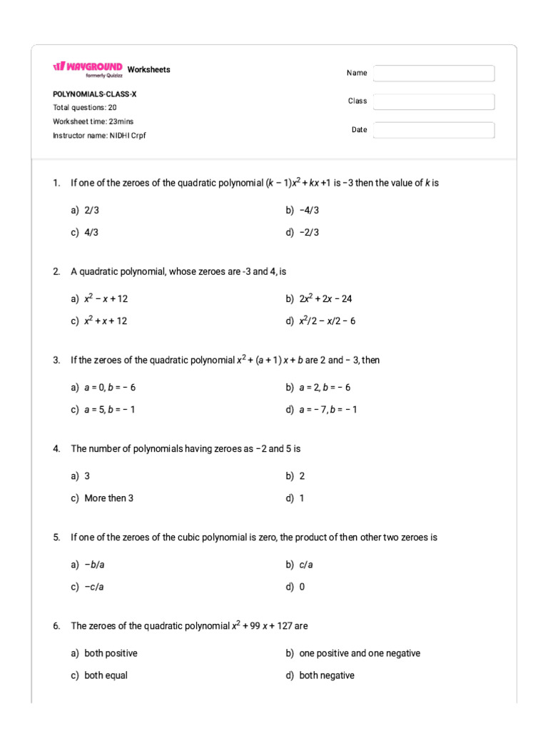 Class X Polynomial Worksheets | PDF | Polynomial | Zero Of A Function