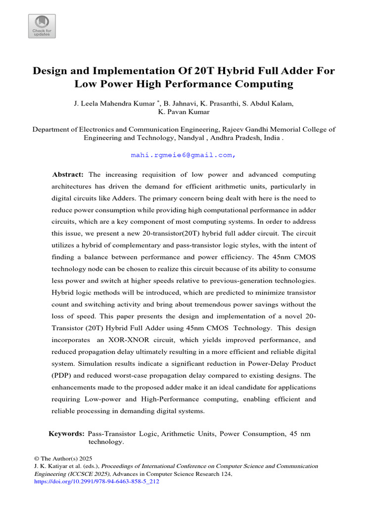 20T Hybrid Full Adder Design for Low Power | PDF | Logic Gate | Cmos