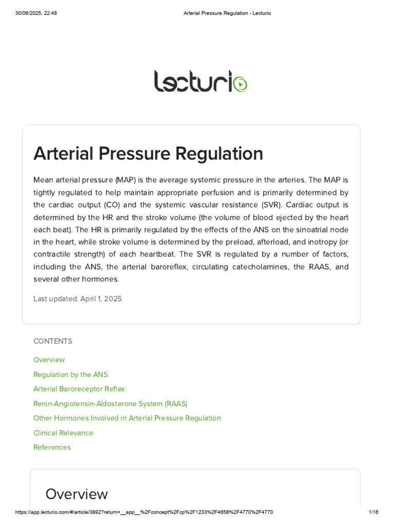 Mean Arterial Pressure Regulation Guide | PDF | Angiotensin | Blood ...