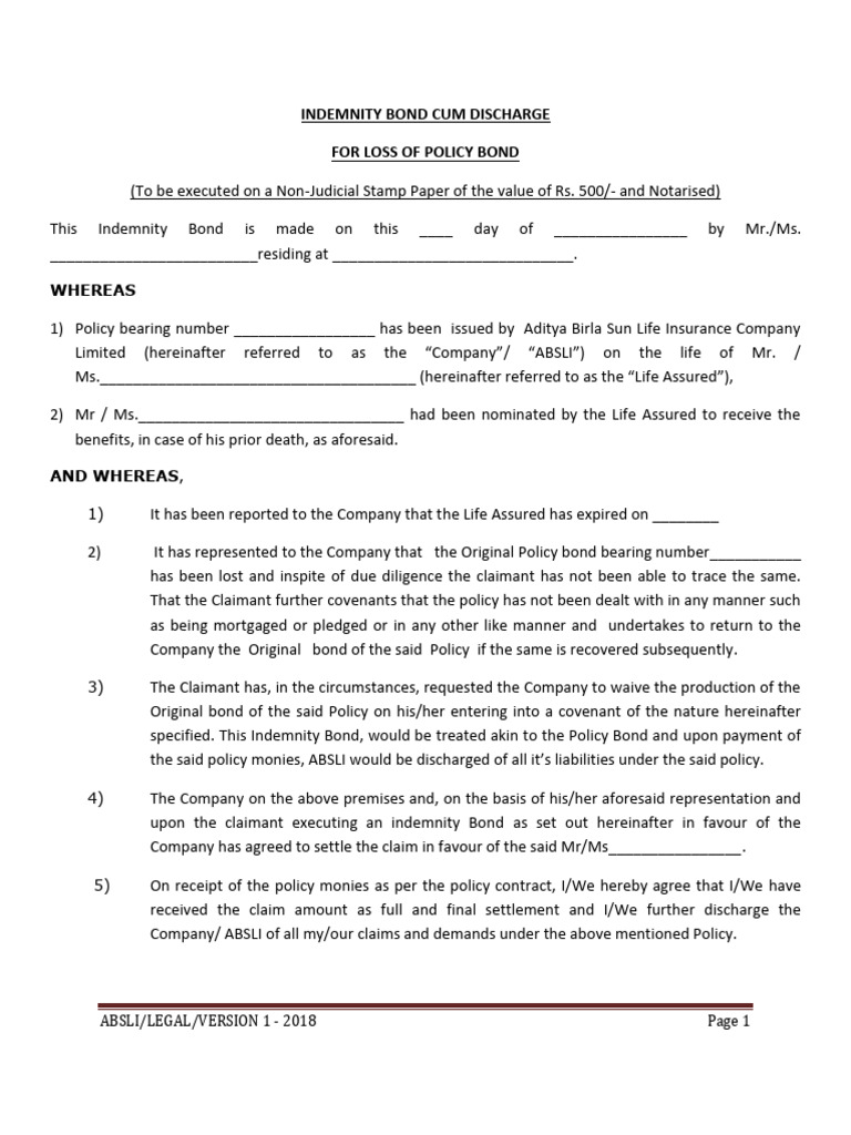 Indemnity Bond For Loss of Policy Bond 51bc1a6c90 | PDF | Indemnity ...