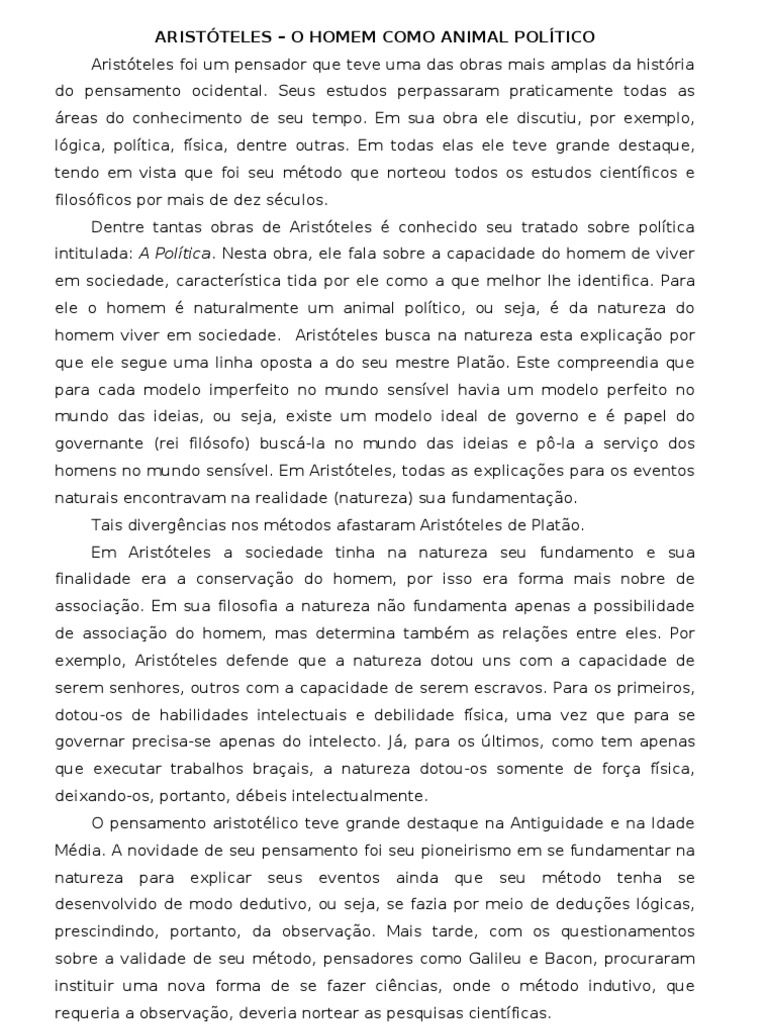 Aristóteles - o Homem Como Animal Político | PDF | Aristóteles | Física
