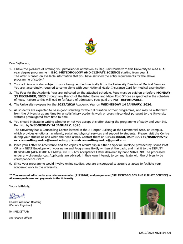 KNUST Provisional Admission Letter - 21718761 | PDF