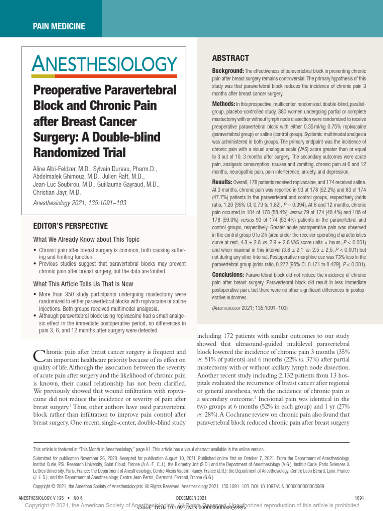 Paravertebral Block and Chronic Pain Post-Mastectomy | PDF | Mastectomy ...