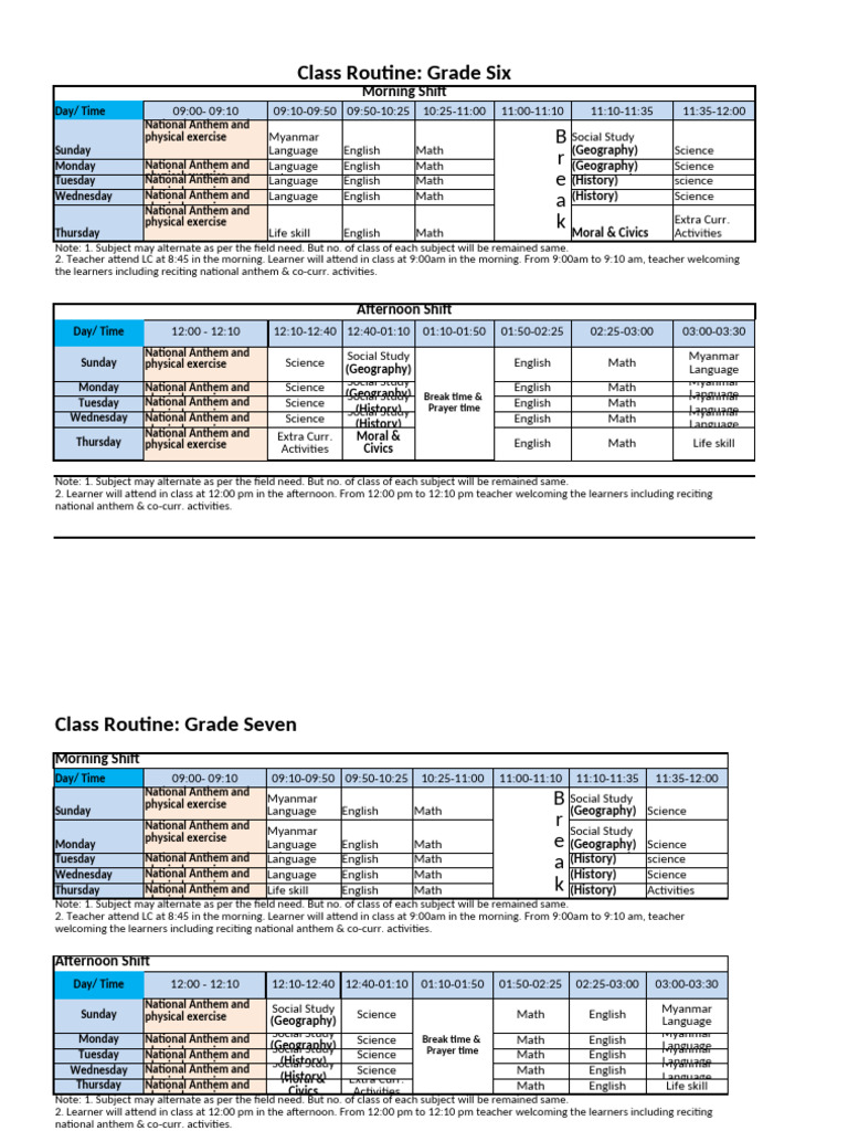 Secondary Class Routine For Grade 6 To 11 (December'25 To February '26 ...