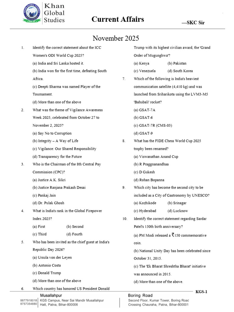 Current Affairs Quiz November 2025 | PDF