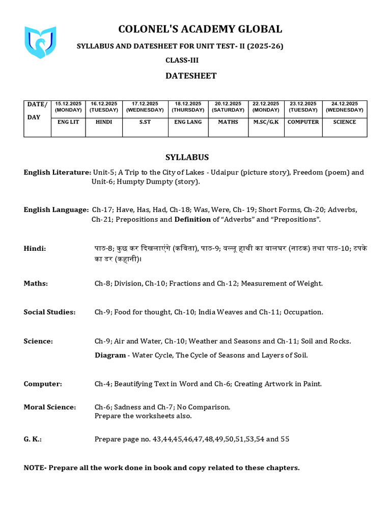 Class III Unit Test II Syllabus 2025-26 | PDF