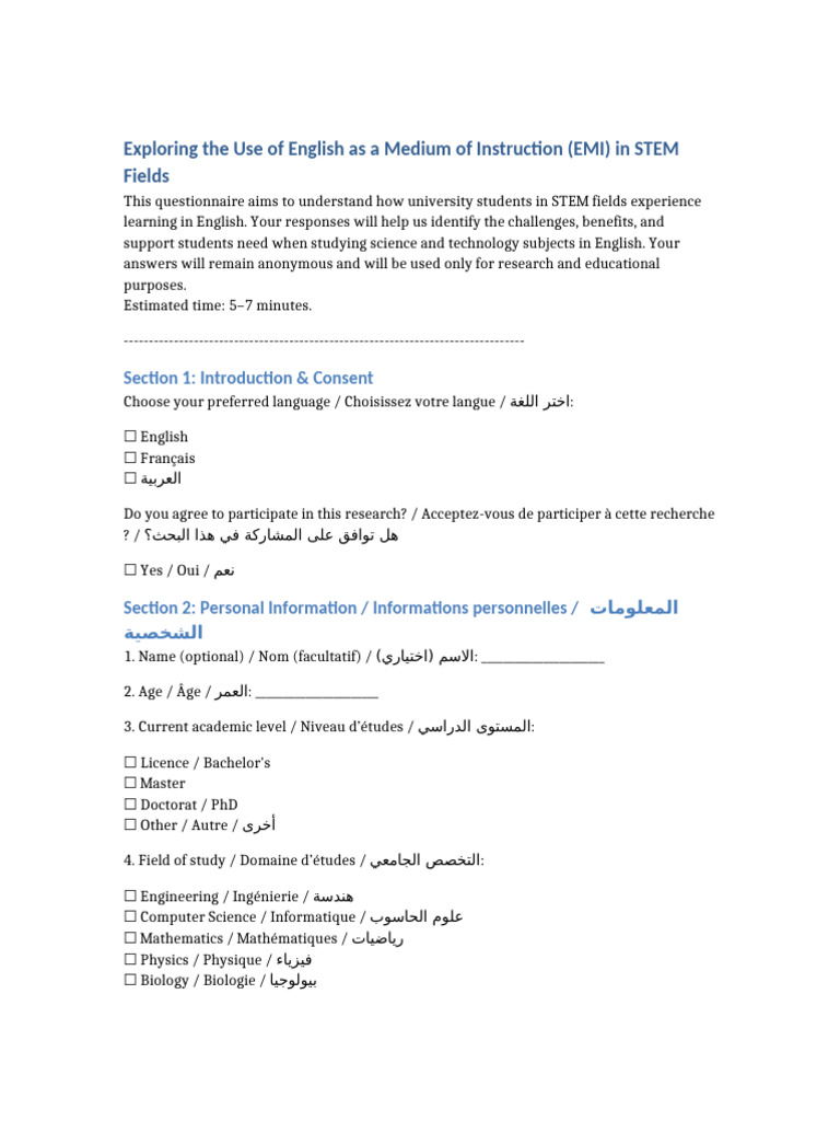 EMI STEM Trilingual Questionnaire | PDF