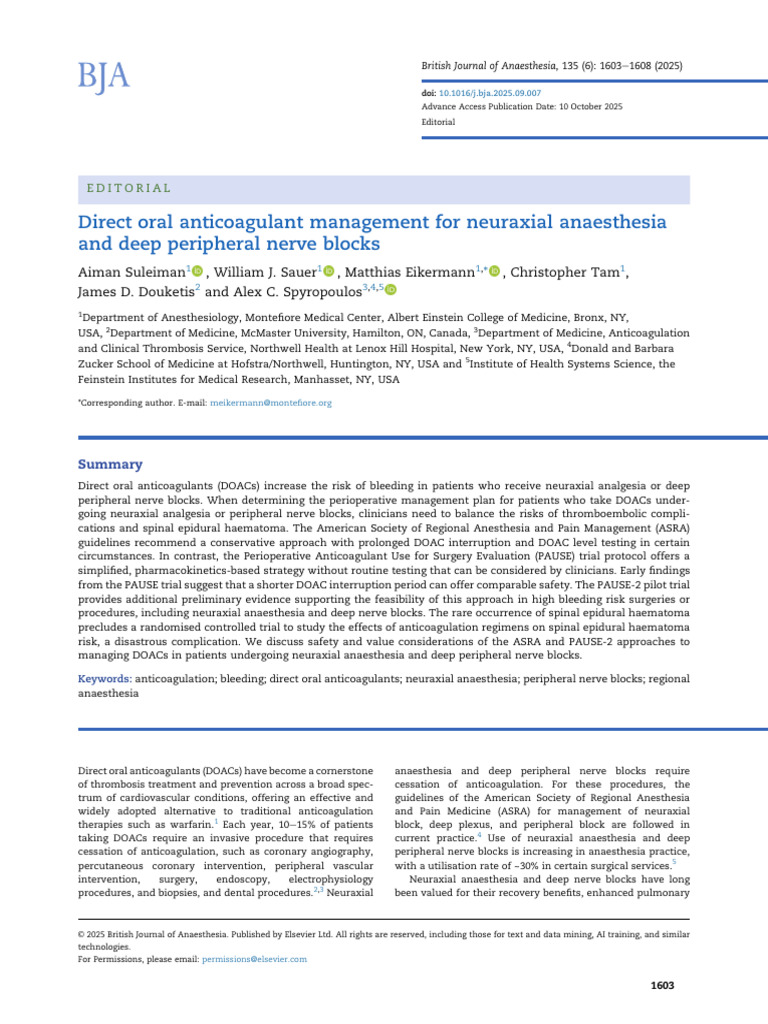 DOAC Management in Neuraxial Anaesthesia | PDF | Anesthesia | Health Care