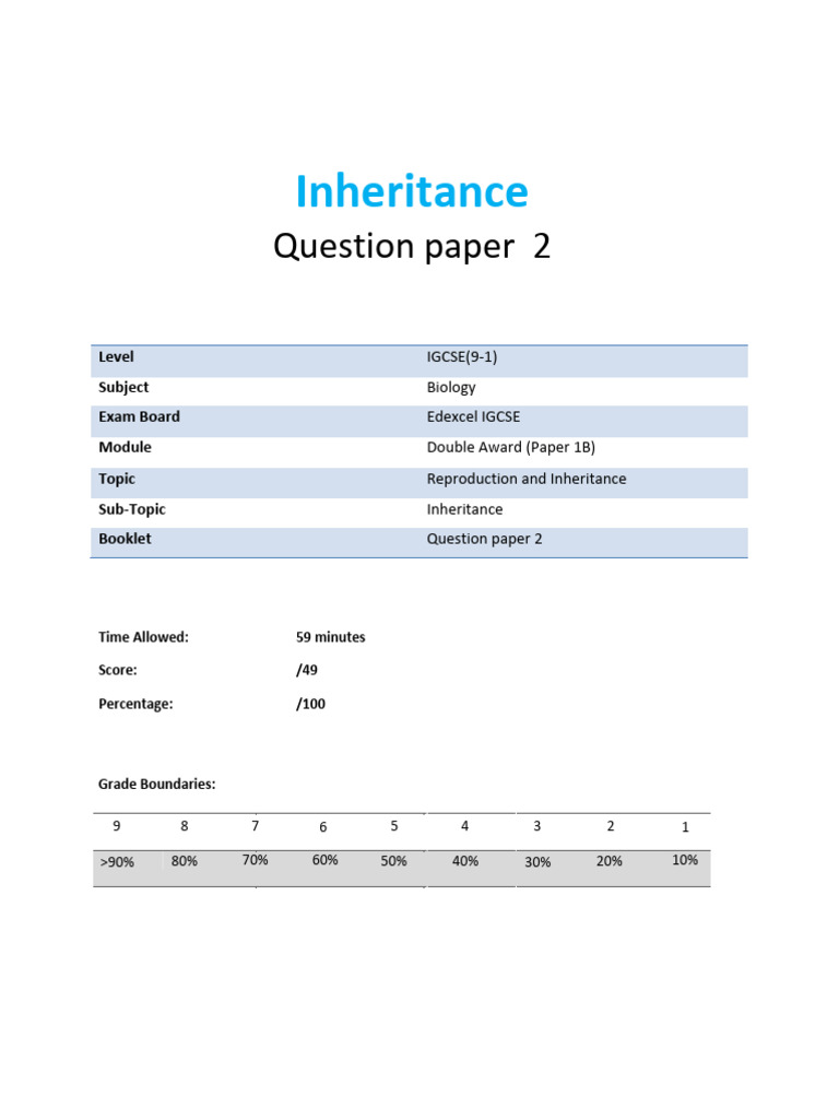 IGCSE Biology Inheritance Exam Paper | PDF | Genotype | Allele