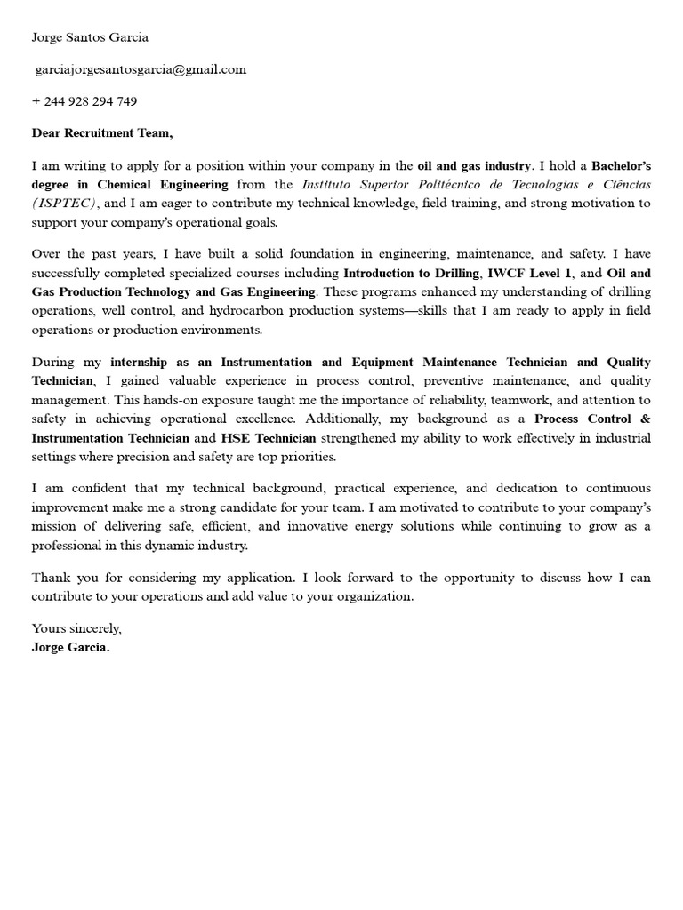 Jorge Garcia: Oil & Gas Job Application | PDF