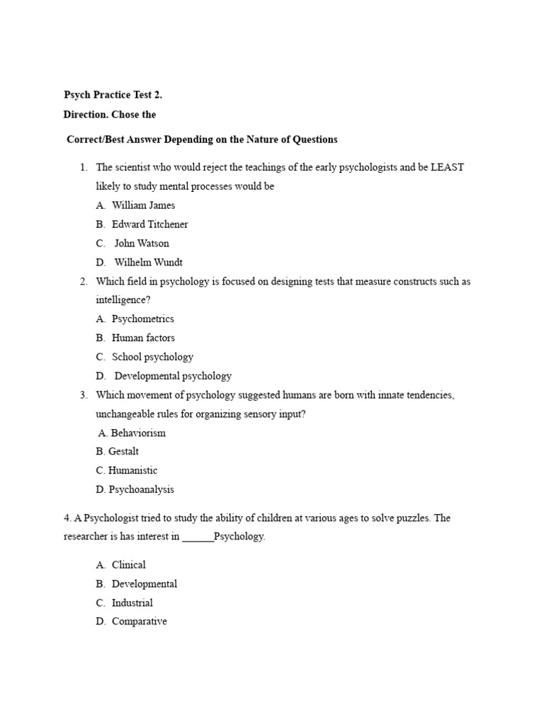 Psychology Practice Test Questions | PDF | Psychology | Psychoanalysis