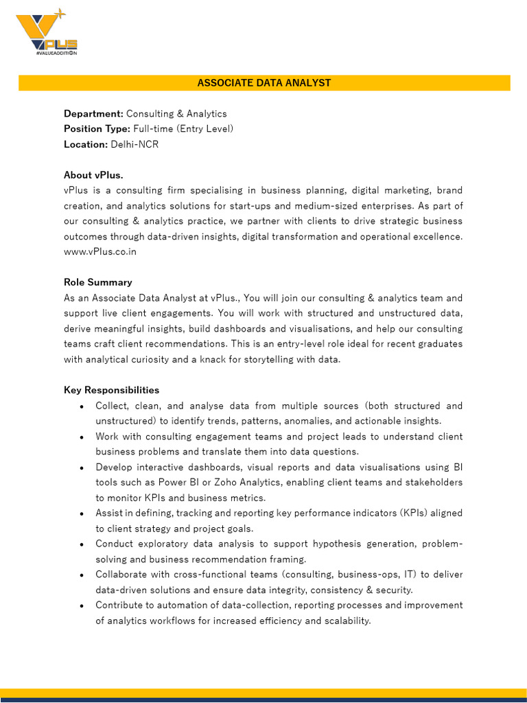 Associate Data Analyst Role at vPlus | PDF | Analytics | Data Analysis