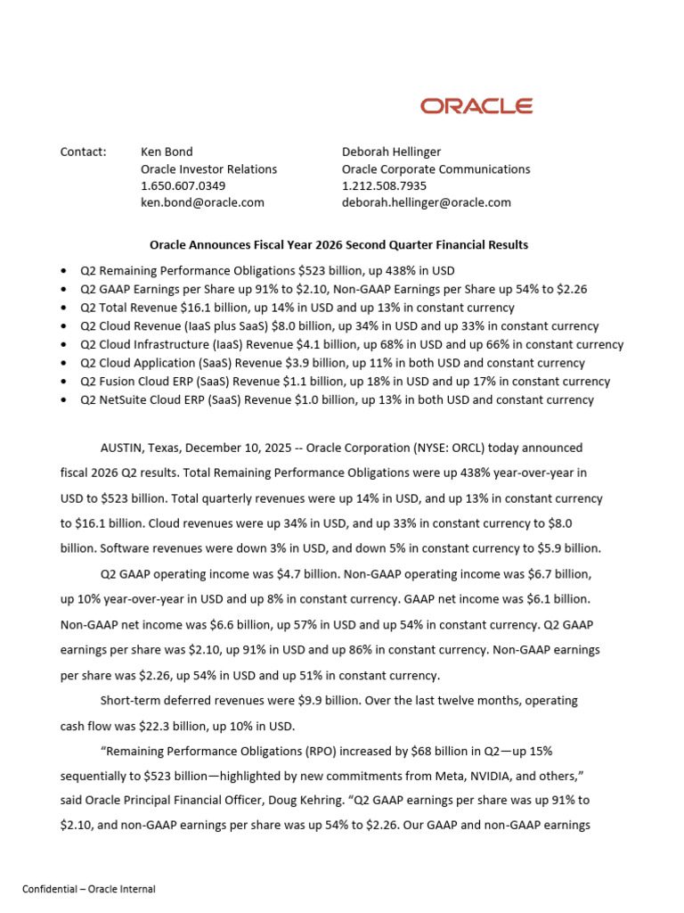 Oracle Q2 FY2026 Financial Results | PDF | Deferral | Oracle Corporation
