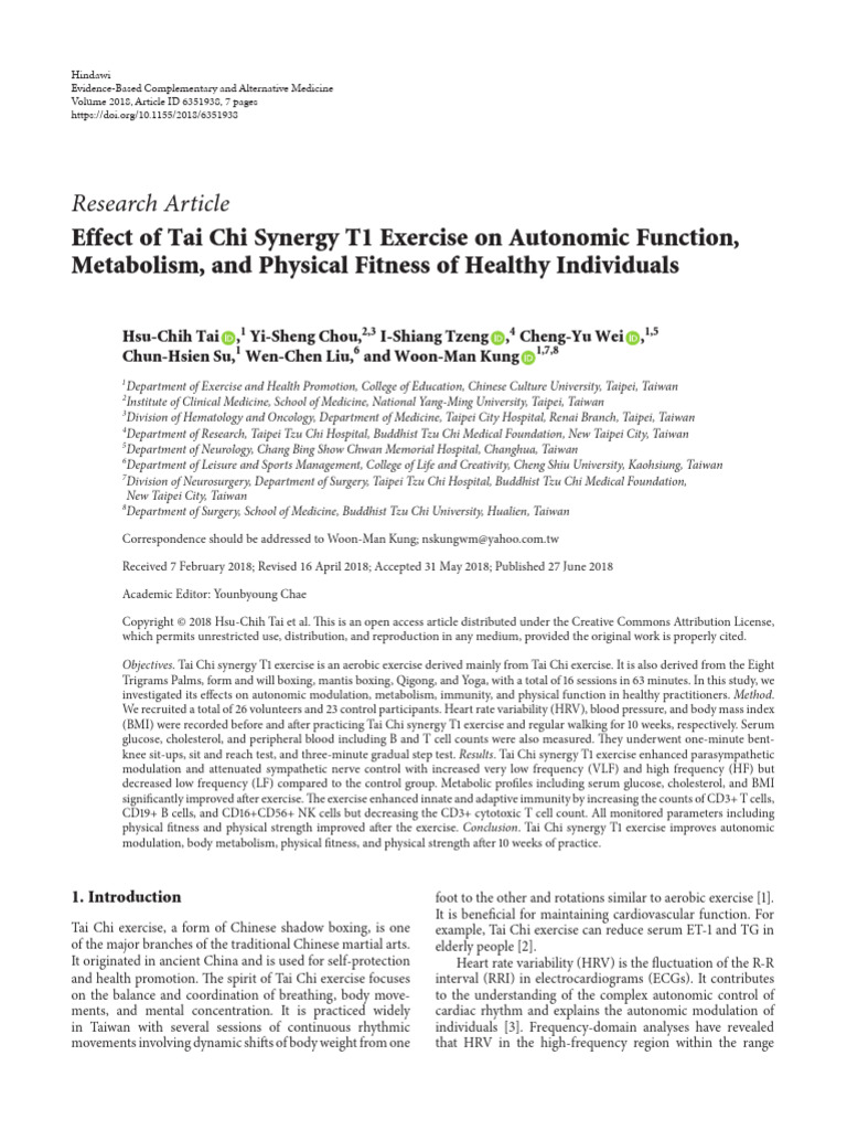 Effect of Tai Chi Synergy T1 Exercise on Autonomic Function ...