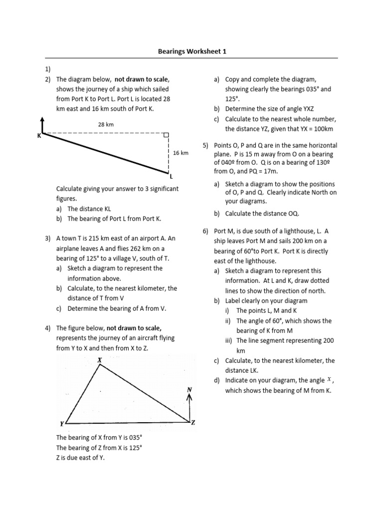 Bearings and Distance Calculations Worksheet | PDF