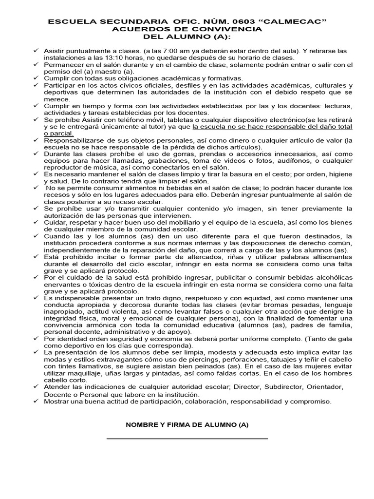 Acuerdos de Convivencia Escolar 0603 | PDF