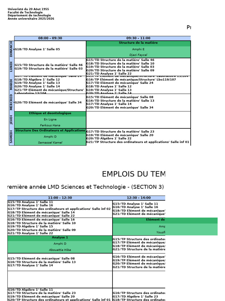 Emploi du temps 1ère année LMD Technologie | PDF