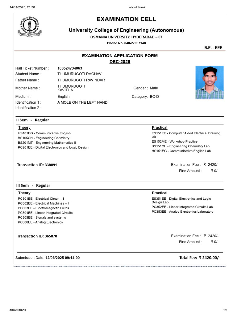 B.E. EEE Exam Application Form Dec 2025 | PDF | Electronics | Digital ...