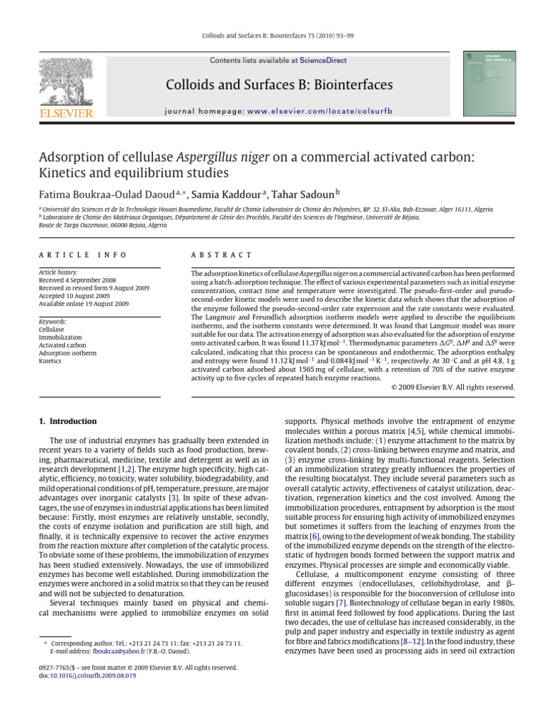 Cellulase Adsorption on Activated Carbon | PDF | Adsorption | Physical ...