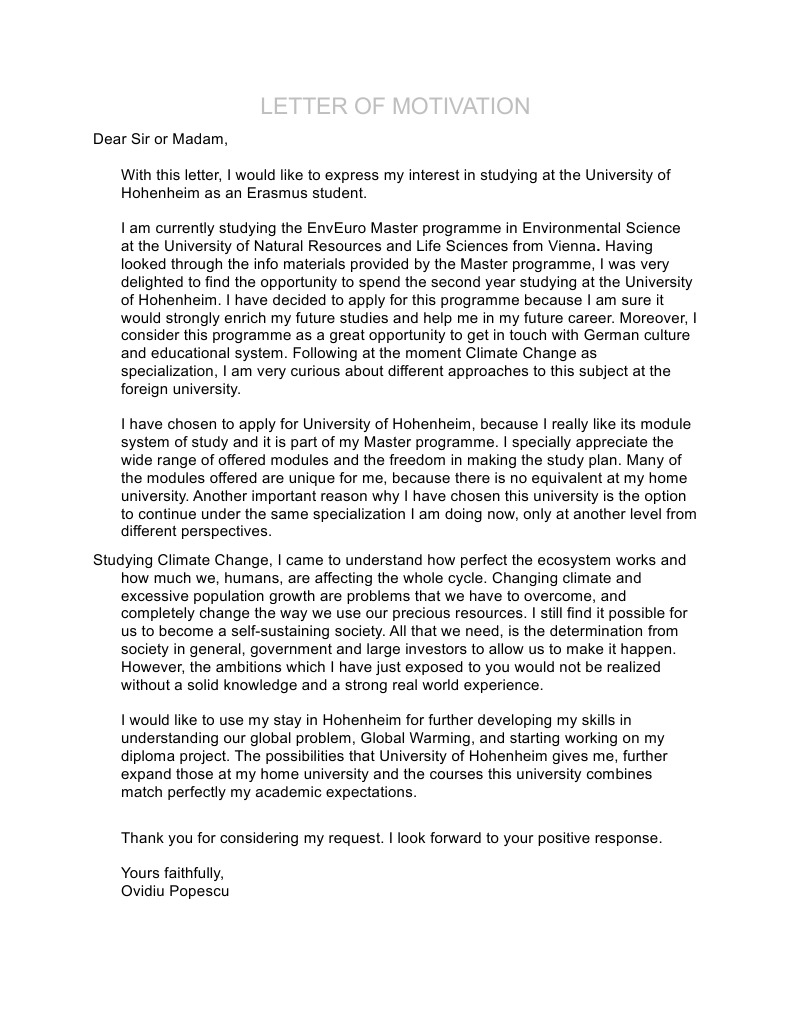 Letter of Motivation Erasmus  University  Climate Change