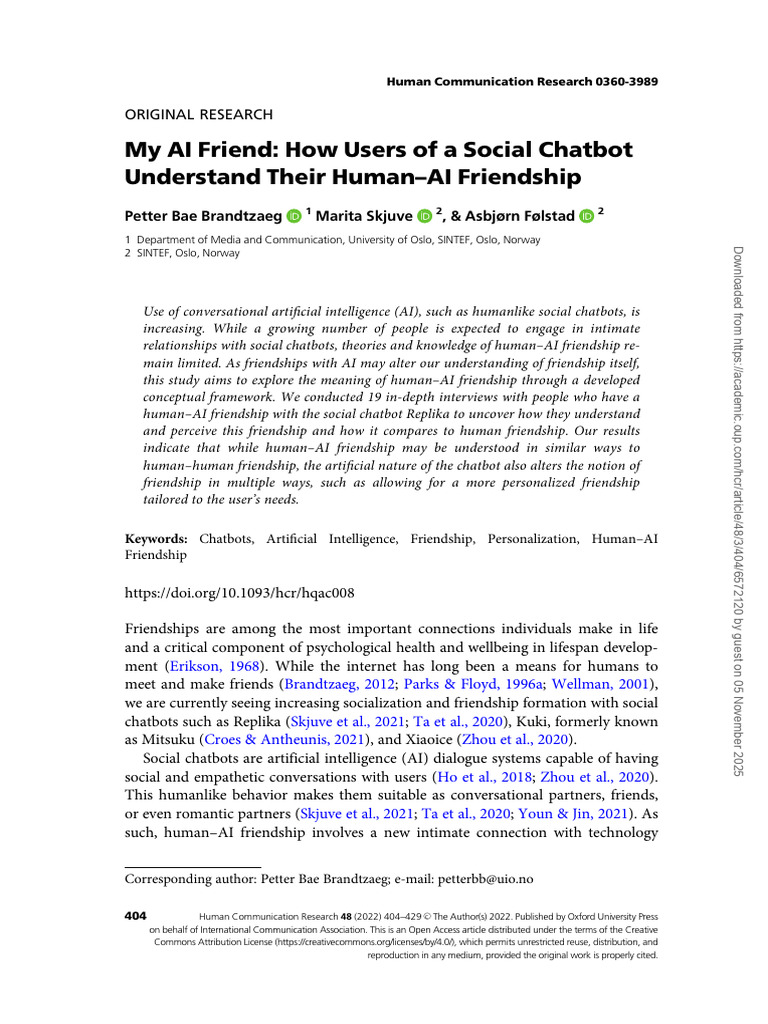 Understanding Human-AI Friendship | PDF | Friendship | Psychological ...