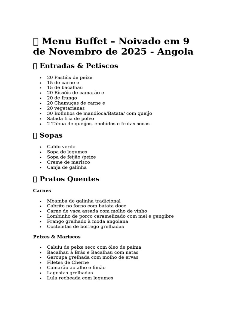 Menu Buffet para Noivado em Angola | PDF
