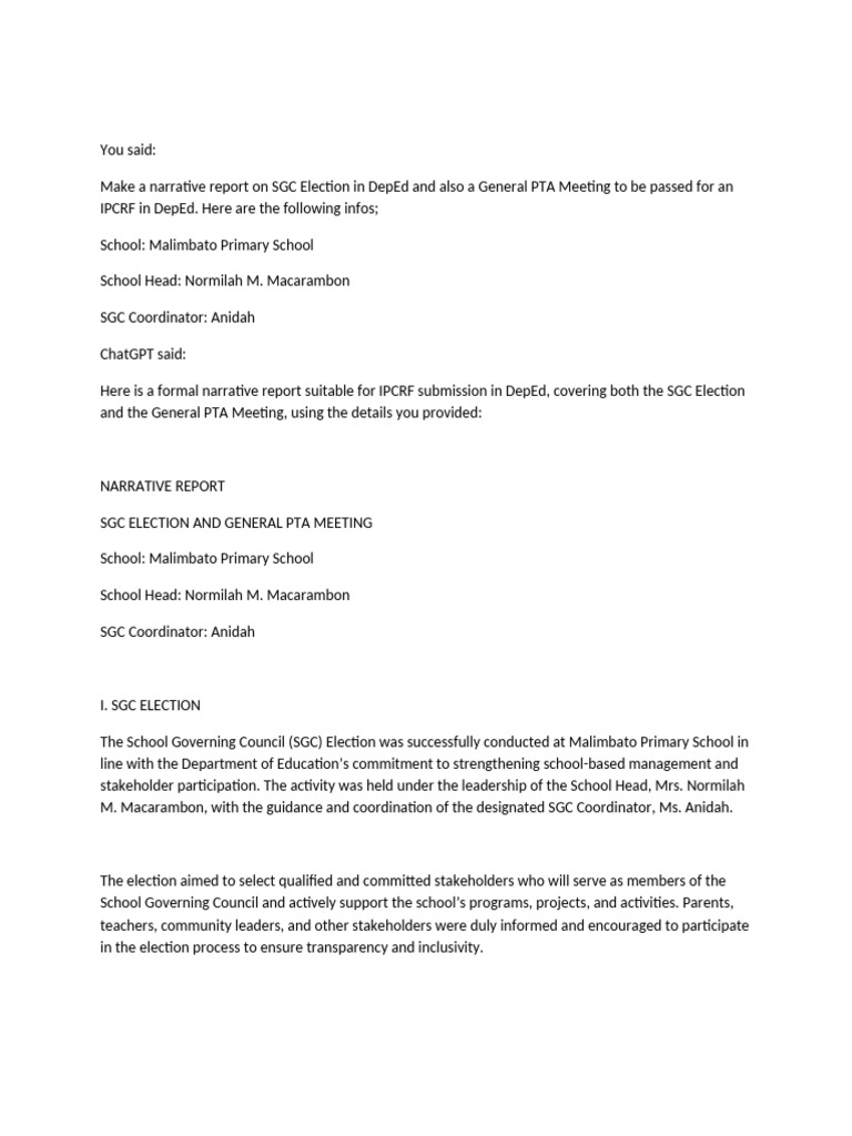 SGC Election and PTA Meeting Report | PDF | Teachers | Governance