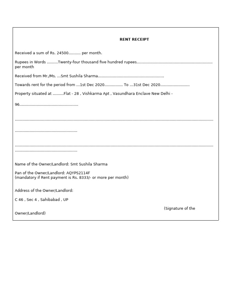 Monthly Rent Receipt Template | PDF