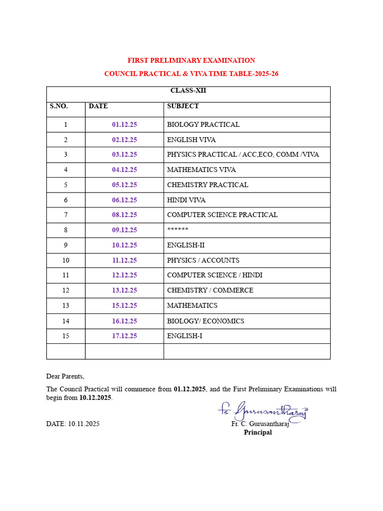 Class XII Preliminary Exam Timetable 2025 | PDF