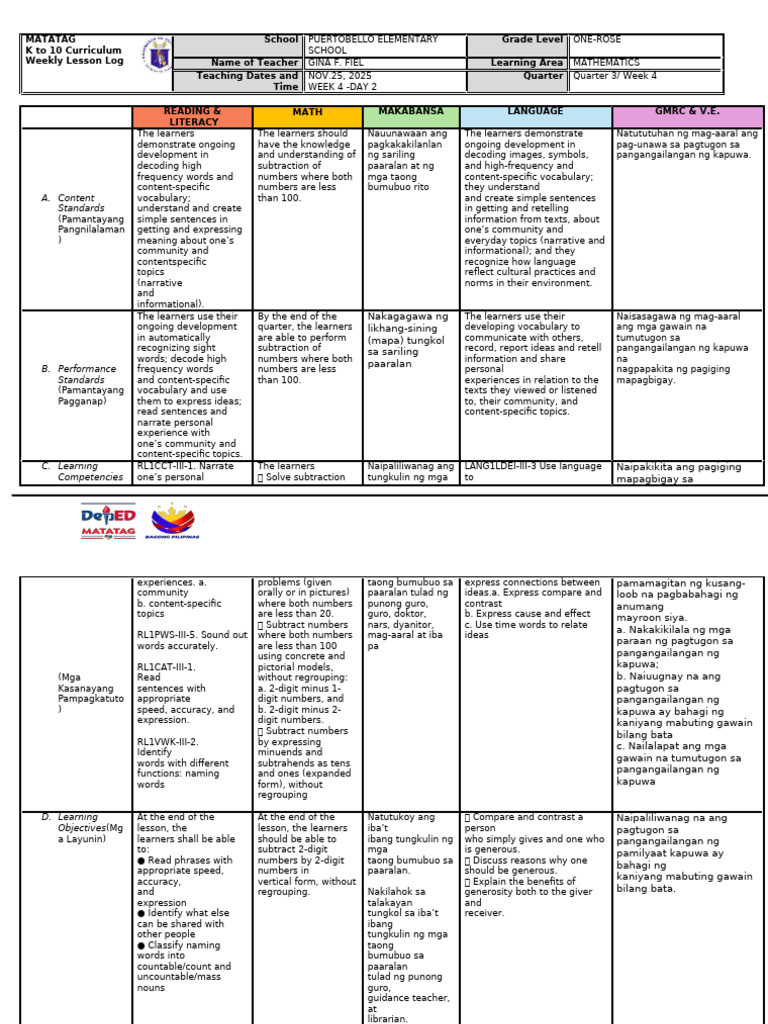 Grade 1 Weekly Lesson Plan: Math & Literacy | PDF | Vocabulary ...