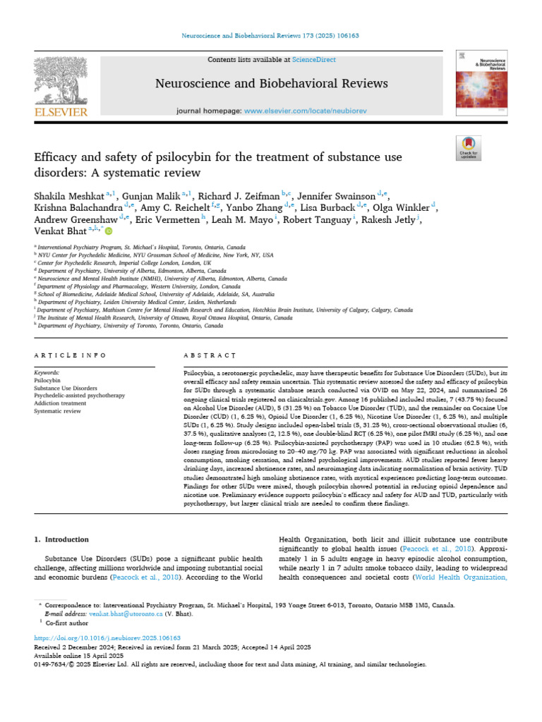 Efficacy and Safety of Psilocybin For The Treatment of Substance Use ...