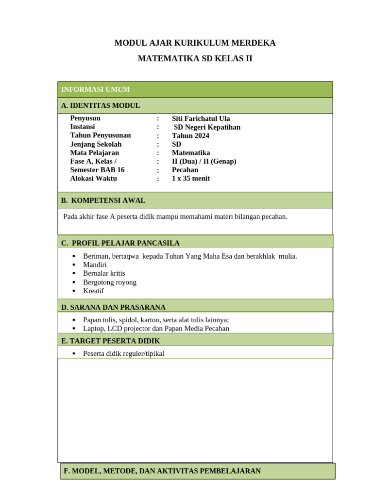 Modul Ajar Matematika SD Kelas II: Pecahan | PDF