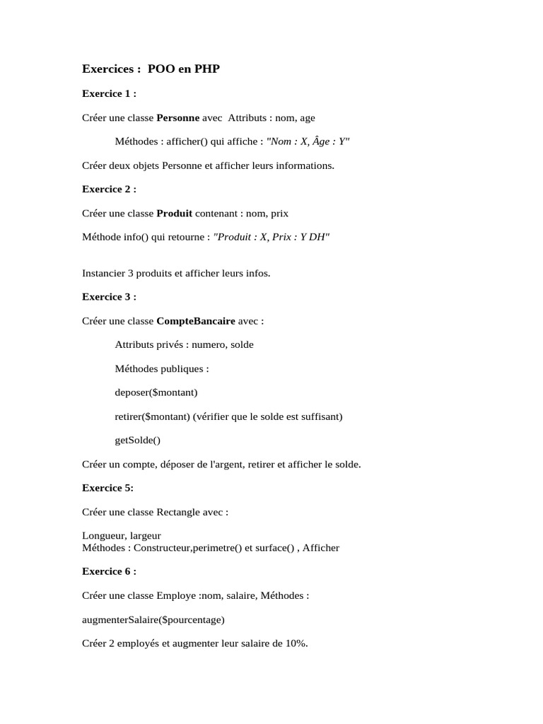 Exercices de POO en PHP : Classes et Méthodes | PDF
