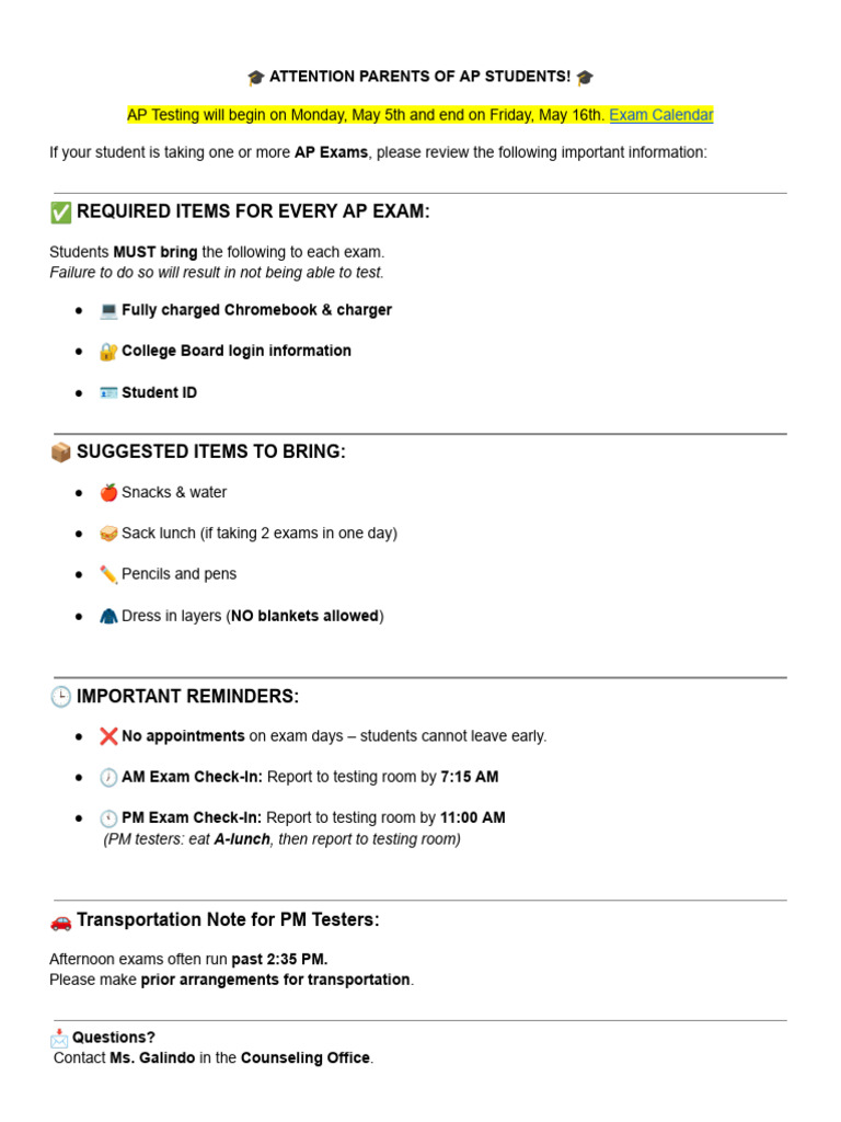 AP Testing Reminders 5 | PDF