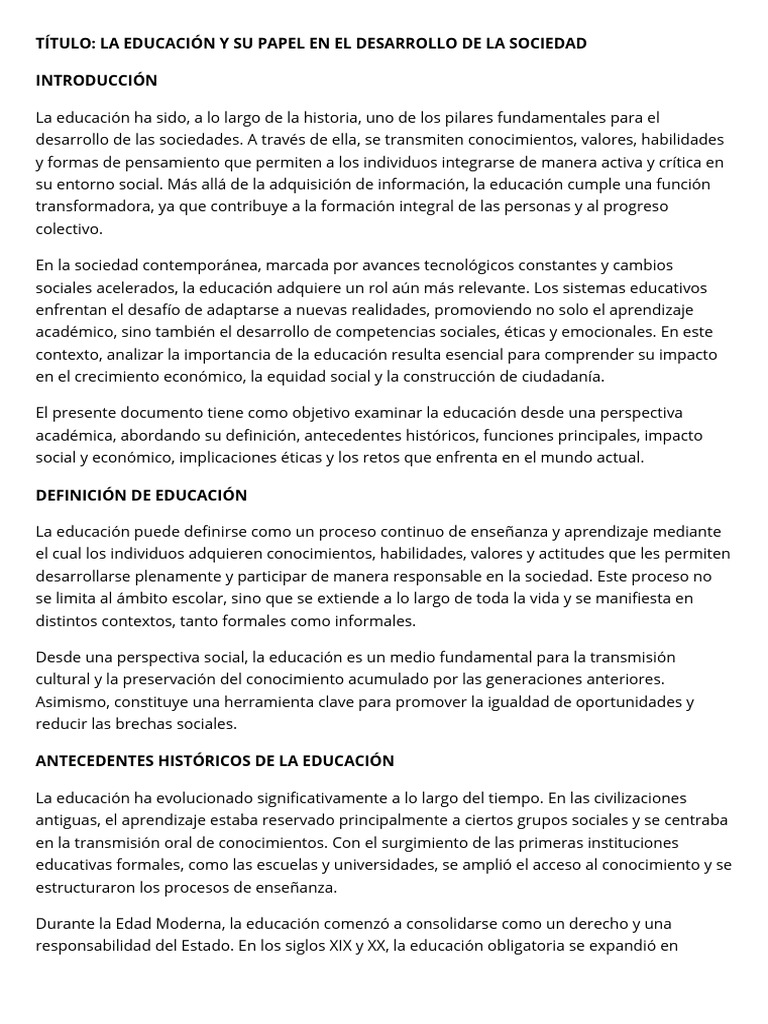 Importancia de la Educación en la Sociedad | PDF | Sociedad | Enseñando