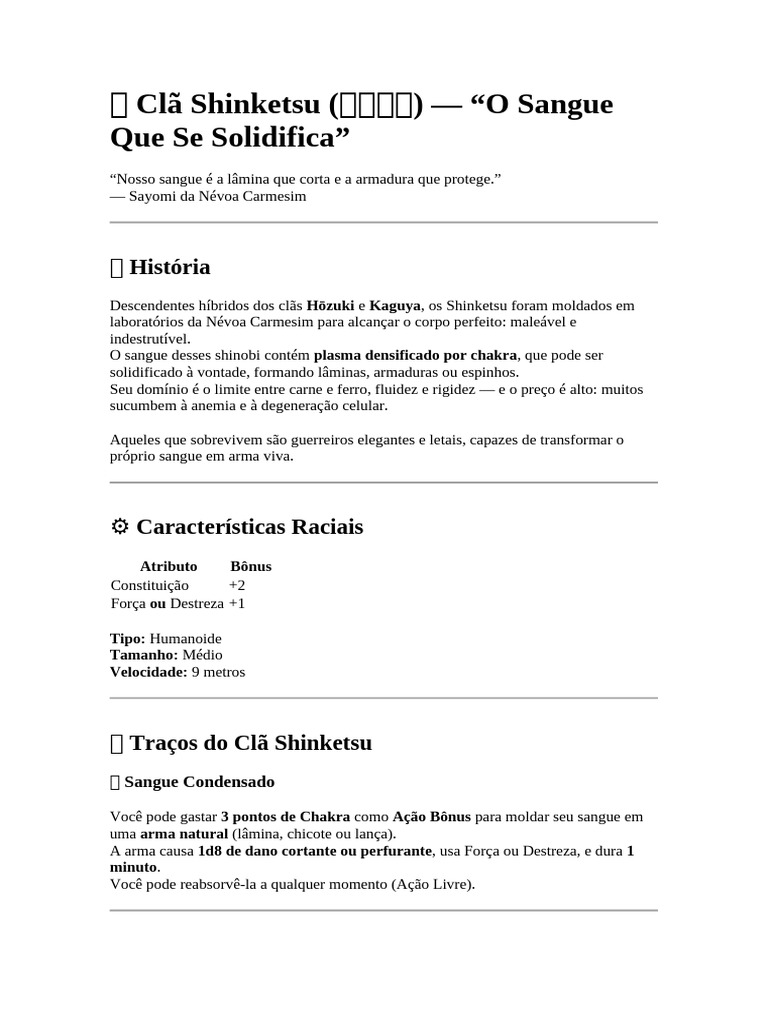 Clã Shinketsu: Poder e Sacrifício Sanguíneo | PDF