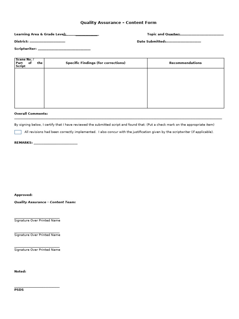 Quality Assurance Content Review Form | PDF