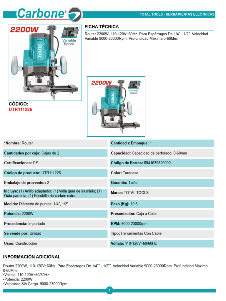 Router 2200W TOTAL TOOLS para Construcción | PDF