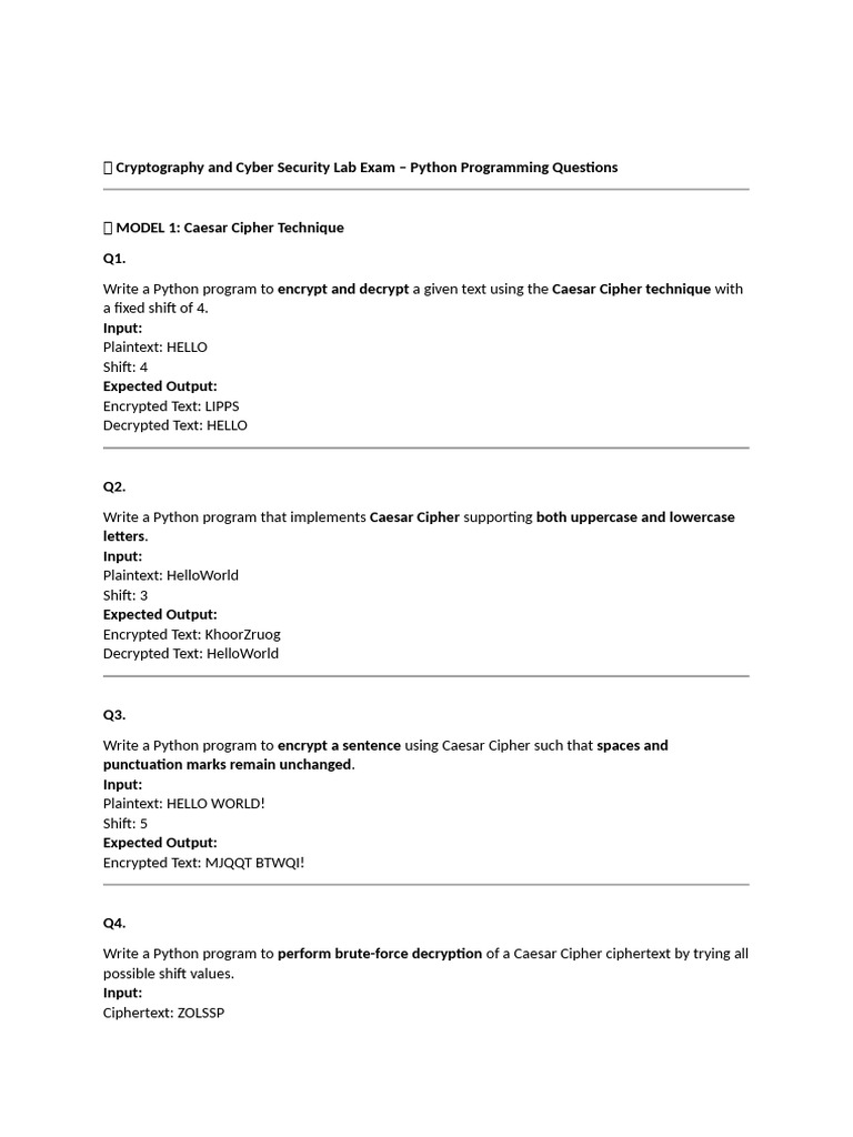Python Cryptography Lab Exam Questions | PDF | Encryption | Key ...