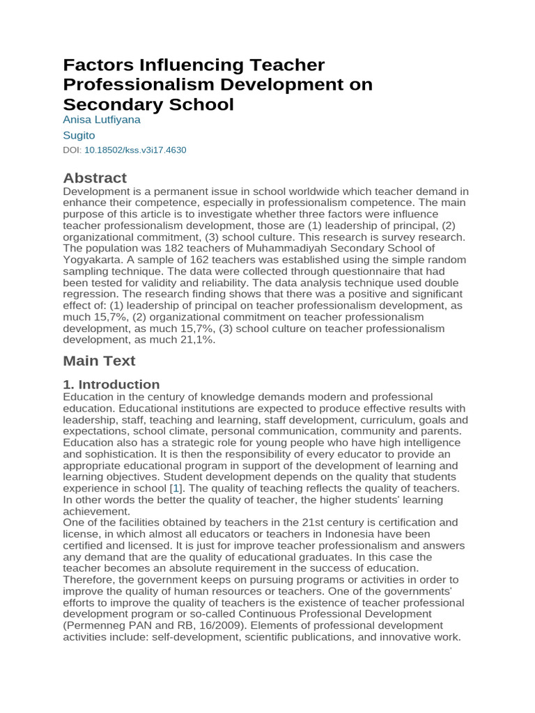 Factors Affecting Teacher Professionalism | PDF | Teachers | Leadership