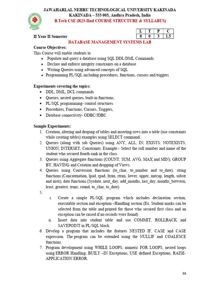 Database Management Systems Lab Syllabus | PDF | Pl/Sql | Computing