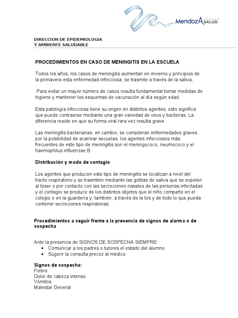 Procedimientos en Caso de Meningitis en La Escuela | PDF | Meningitis ...