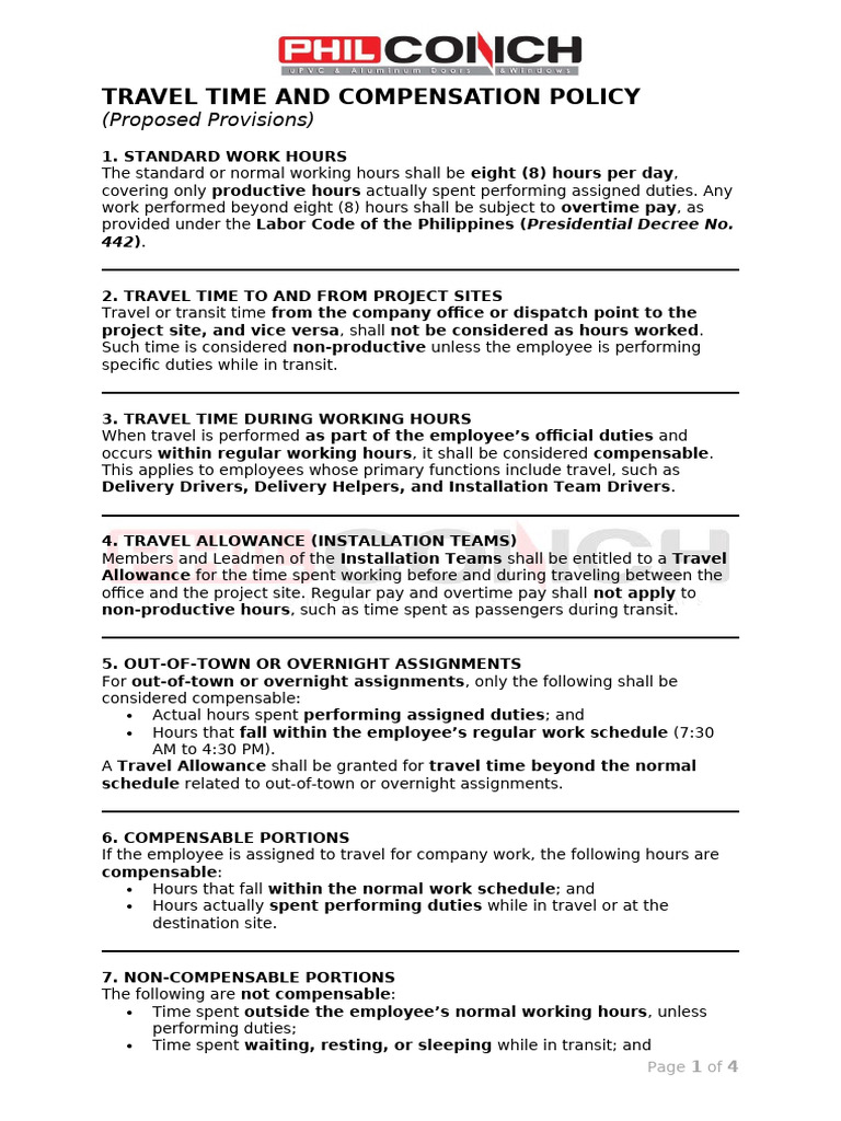 Travel Time Compensation Policy Guide | PDF | Working Time | Overtime