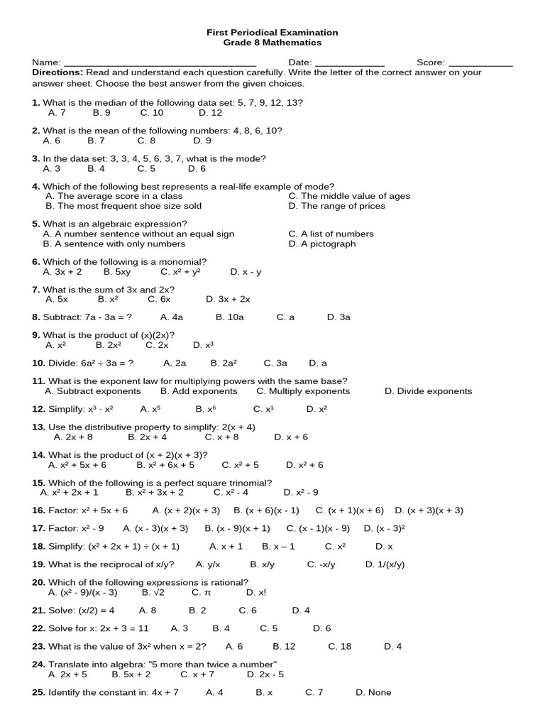 Math 8 1st Periodical Test | PDF | Mean | Number Theory