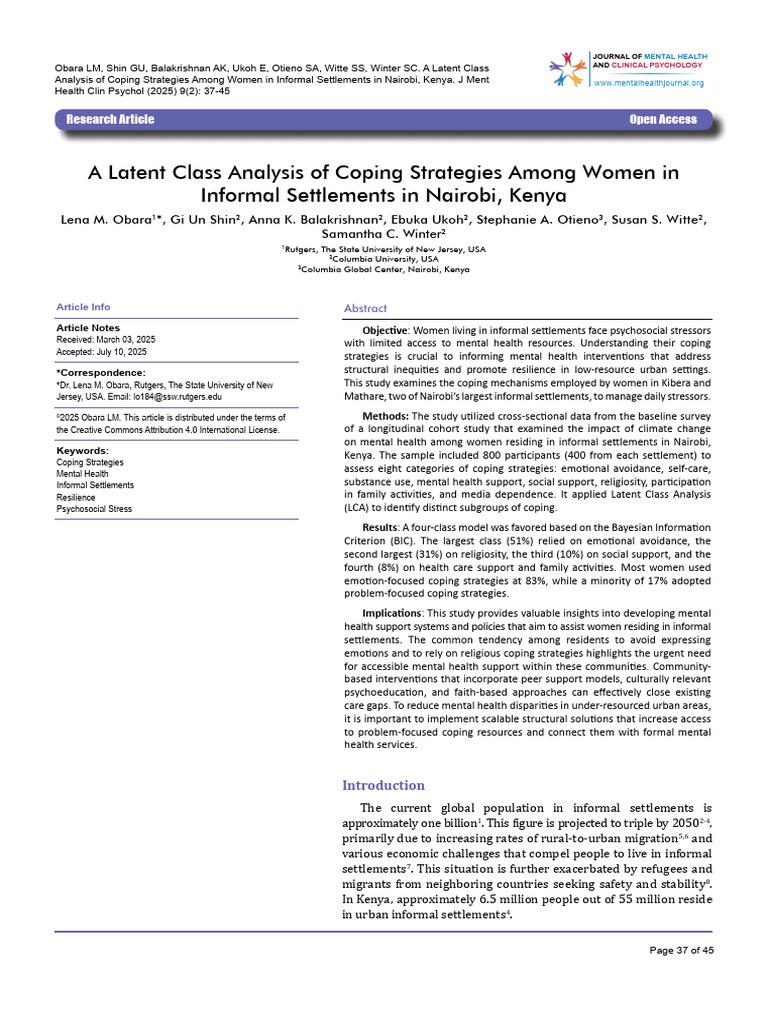 A Latent Class Analysis of Coping Strategies Among Women in Informal ...