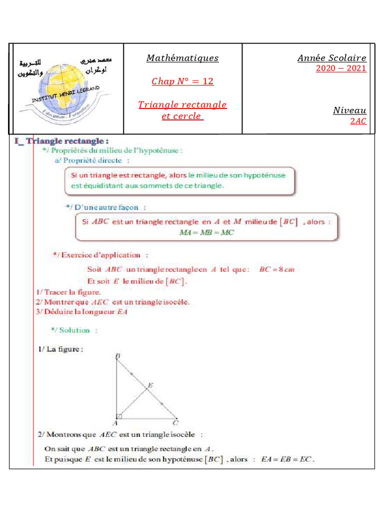 Chap 12 Triangle Rectangle Et Cercle 2AC | PDF