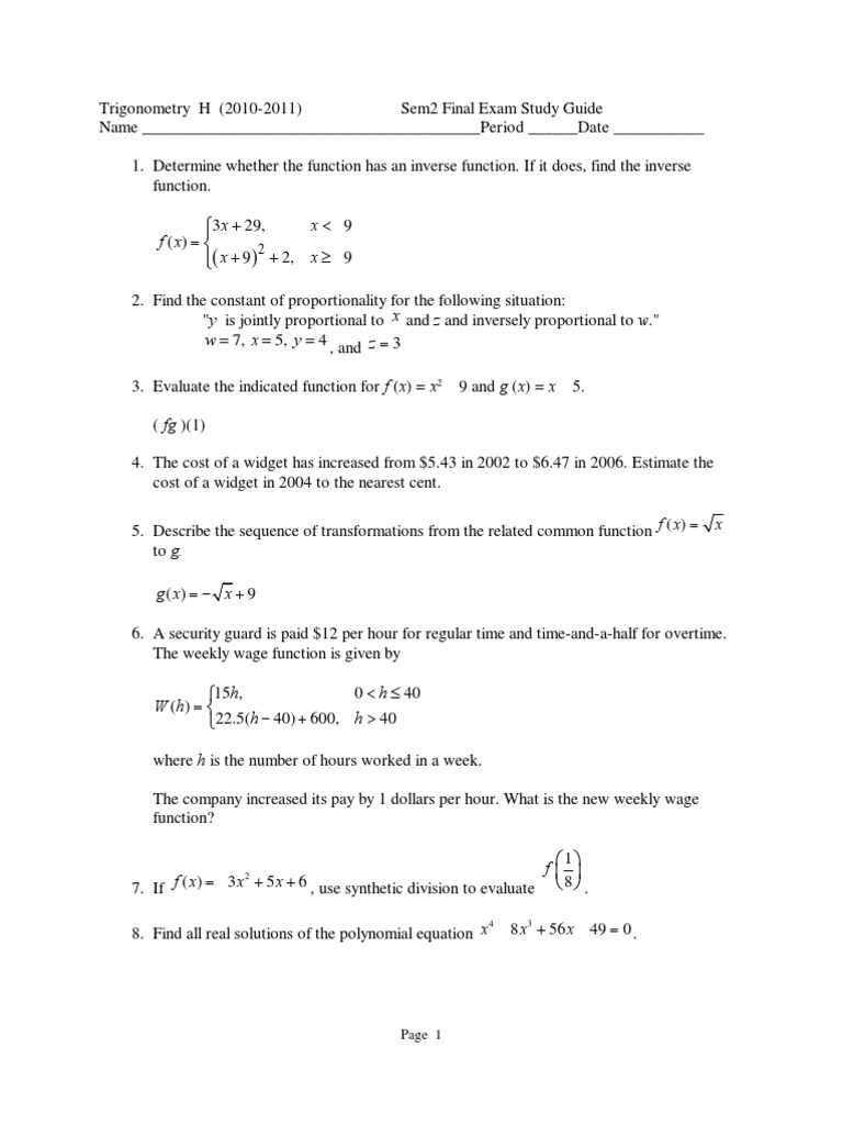 Sem 2 Final Exam Review Trigonometric Functions Sine