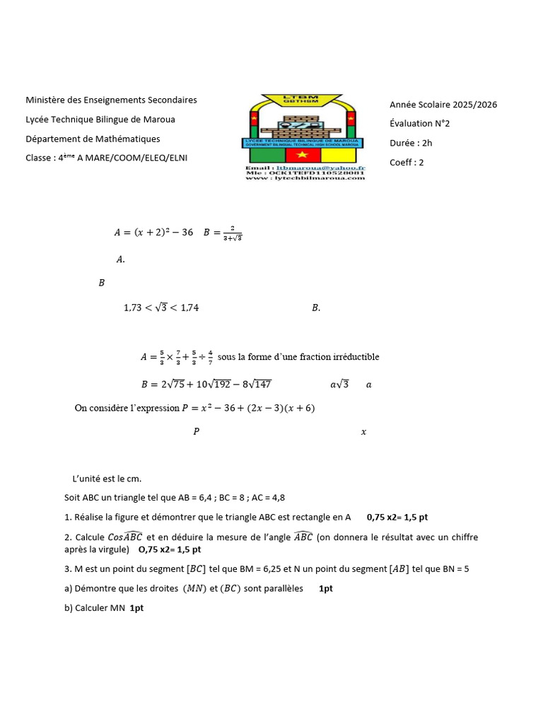 Exercices de Mathématiques 4ème A | PDF | Mathématiques