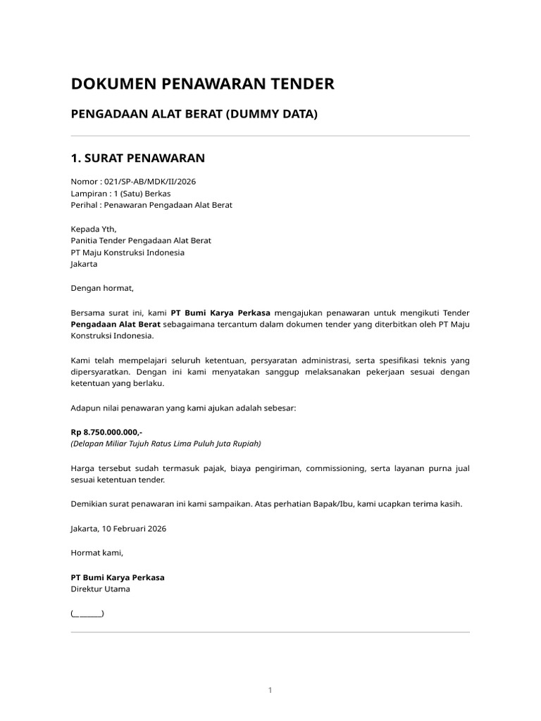 Penawaran Tender Alat Berat PT Bumi Karya | PDF